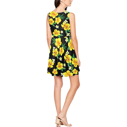 Yellow Hibiscus Pattern Print Design HB08 Sleeveless Dress