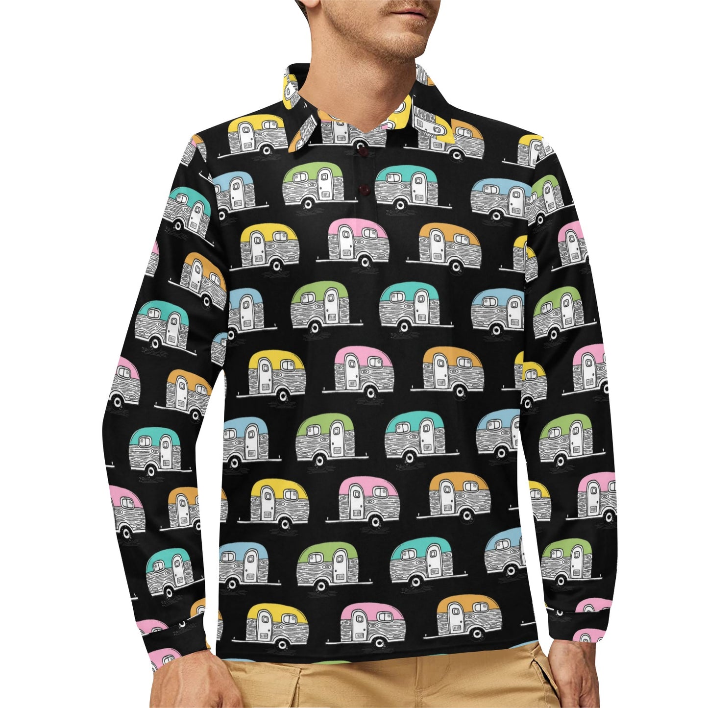 Camper Pattern Camping Themed No 2 Print Long Sleeve Polo Shirt For Men's