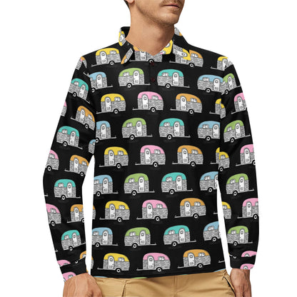 Camper Pattern Camping Themed No 2 Print Long Sleeve Polo Shirt For Men's