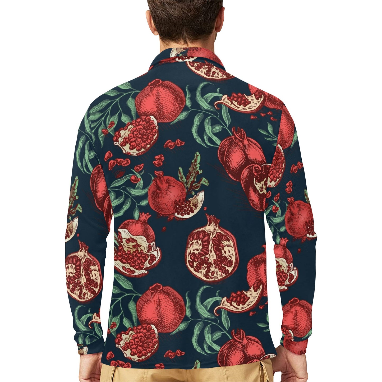 Pomegranate Pattern Print Design PG04 Long Sleeve Polo Shirt For Men's