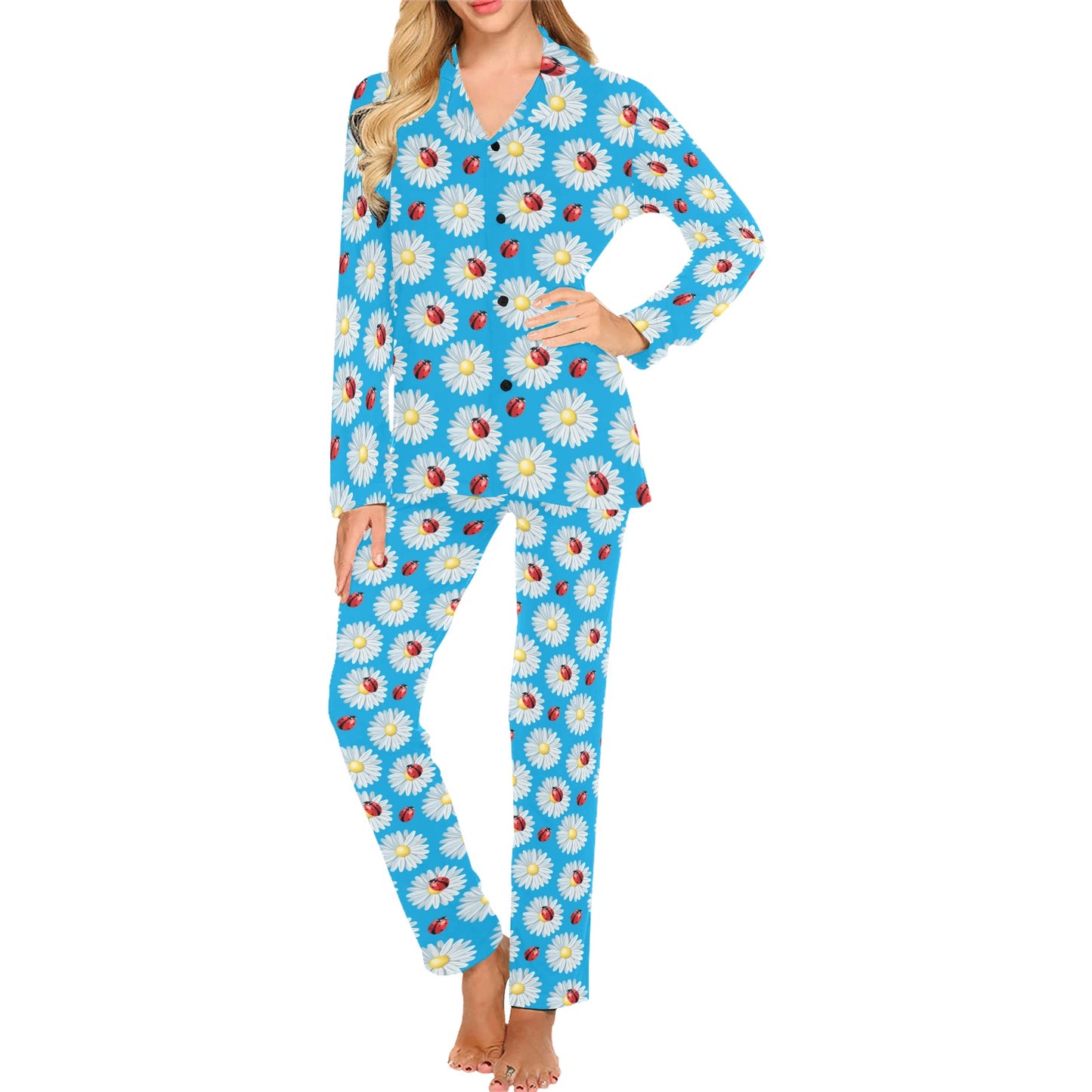 Ladybug with Daisy Themed Print Pattern Women's Long Pajama Set