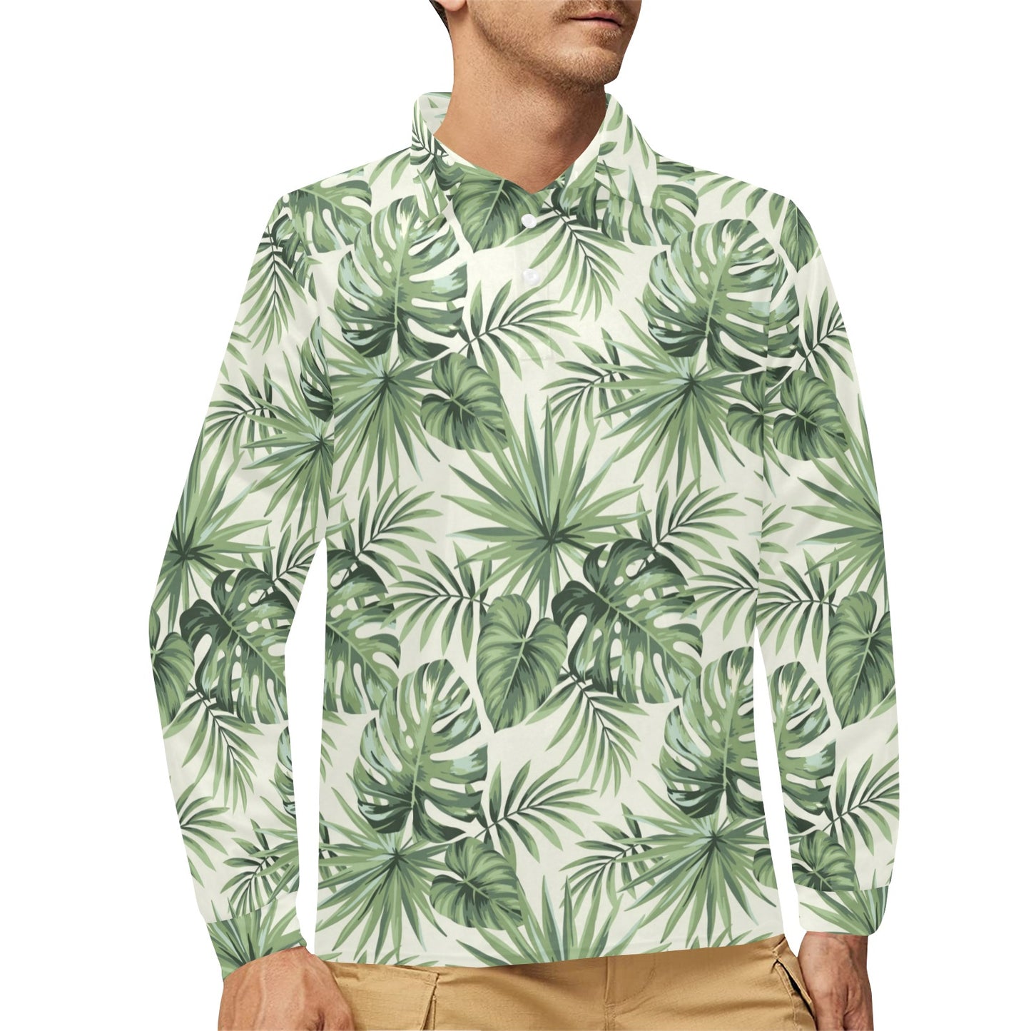 Palm Leaf Pattern Print Design A02 Long Sleeve Polo Shirt For Men's