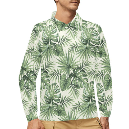 Palm Leaf Pattern Print Design A02 Long Sleeve Polo Shirt For Men's