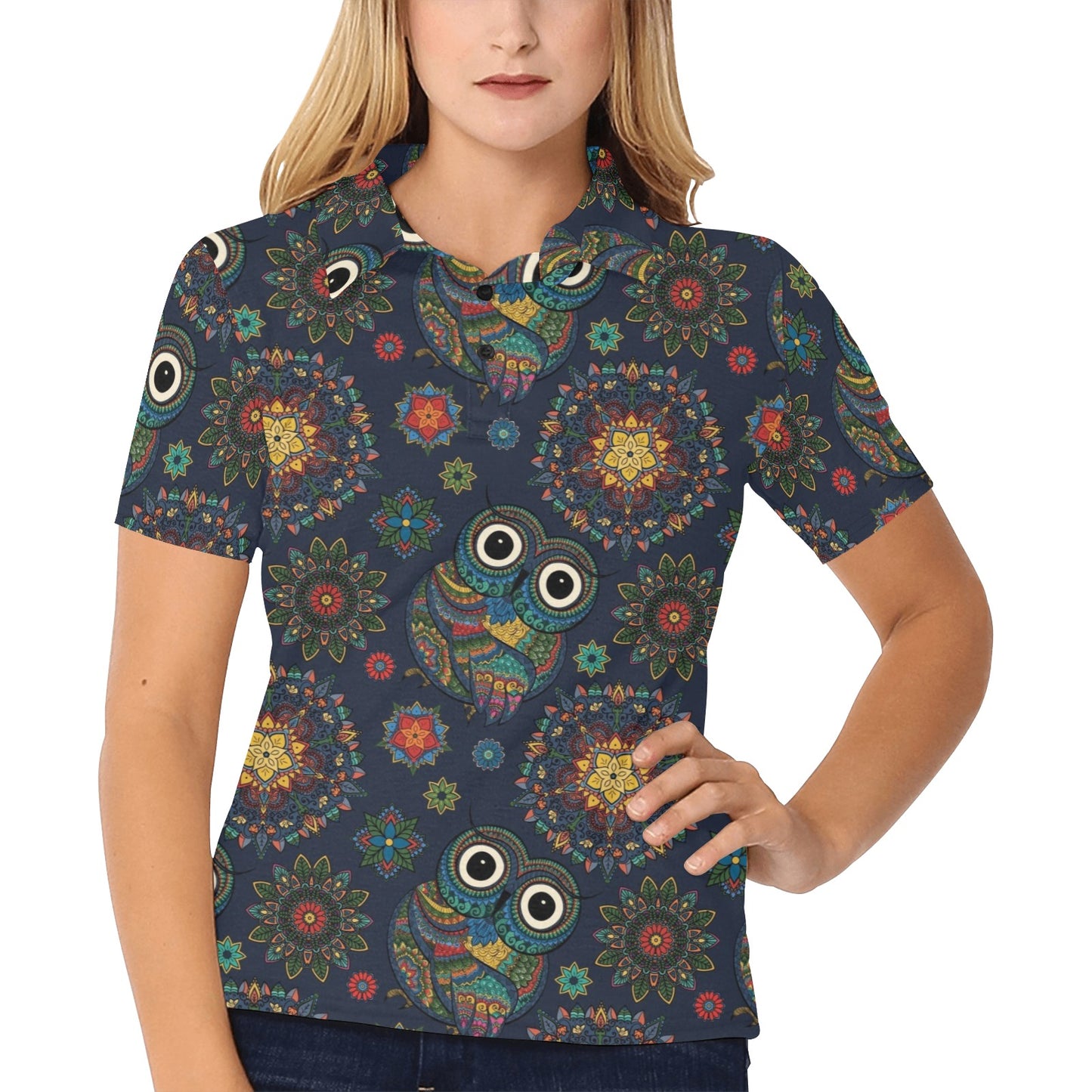 Owl Boho Style Pattern Print Design A04 Women's Polo Shirt
