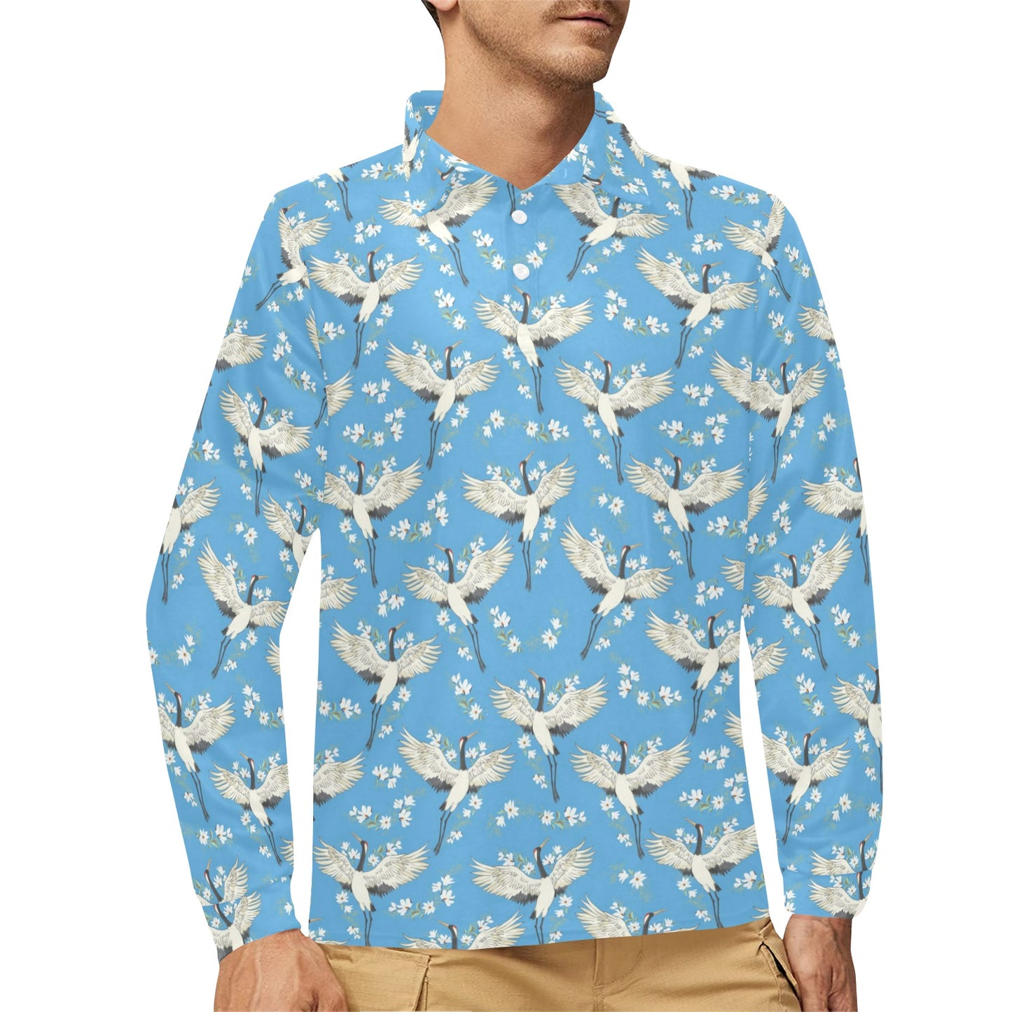 Crane Pattern Print Design 03 Long Sleeve Polo Shirt For Men's