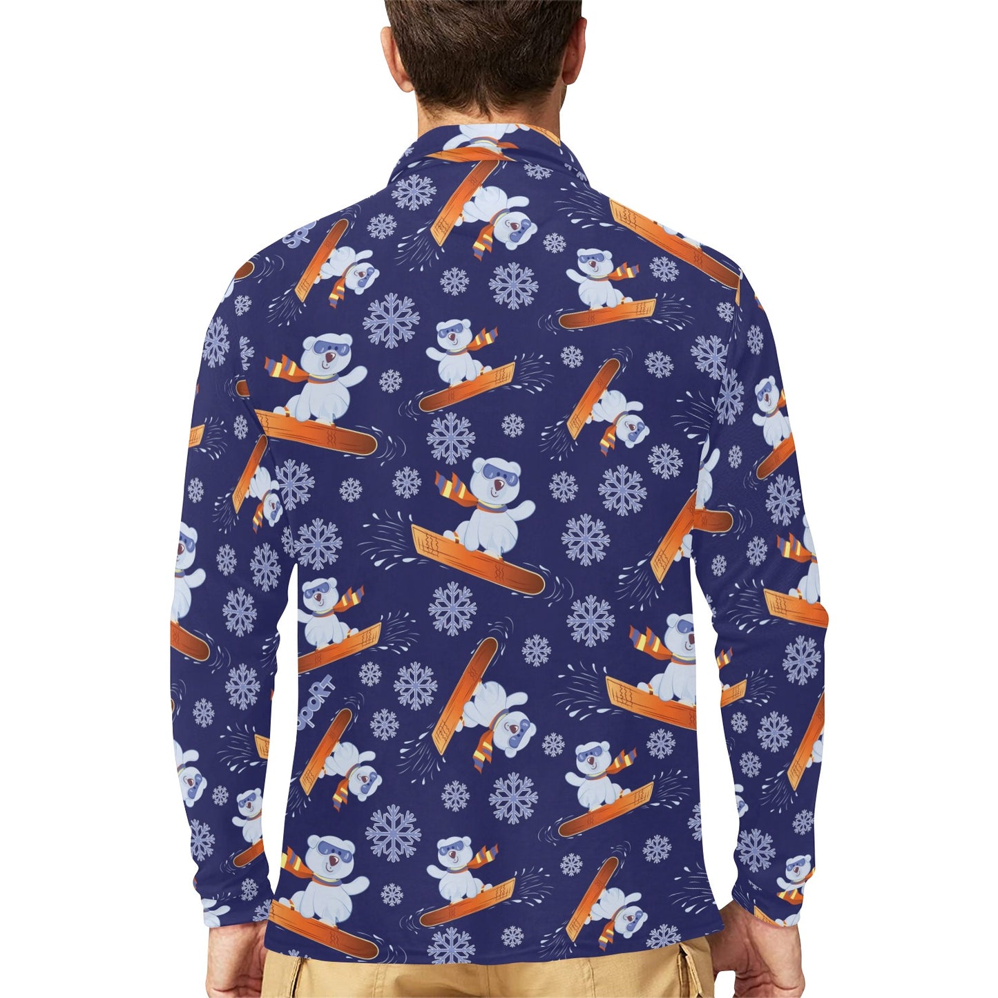 Snowboard Bear Print Design LKS305 Long Sleeve Polo Shirt For Men's