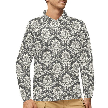 Damask Elegant Print Pattern Long Sleeve Polo Shirt For Men's