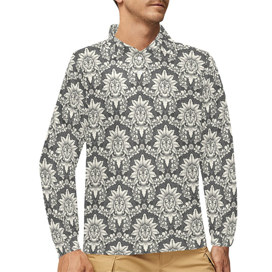 Damask Elegant Print Pattern Long Sleeve Polo Shirt For Men's