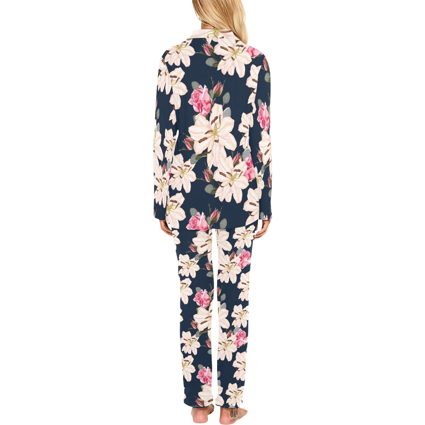 Lily Pattern Print Design LY04 Women's Long Pajama Set