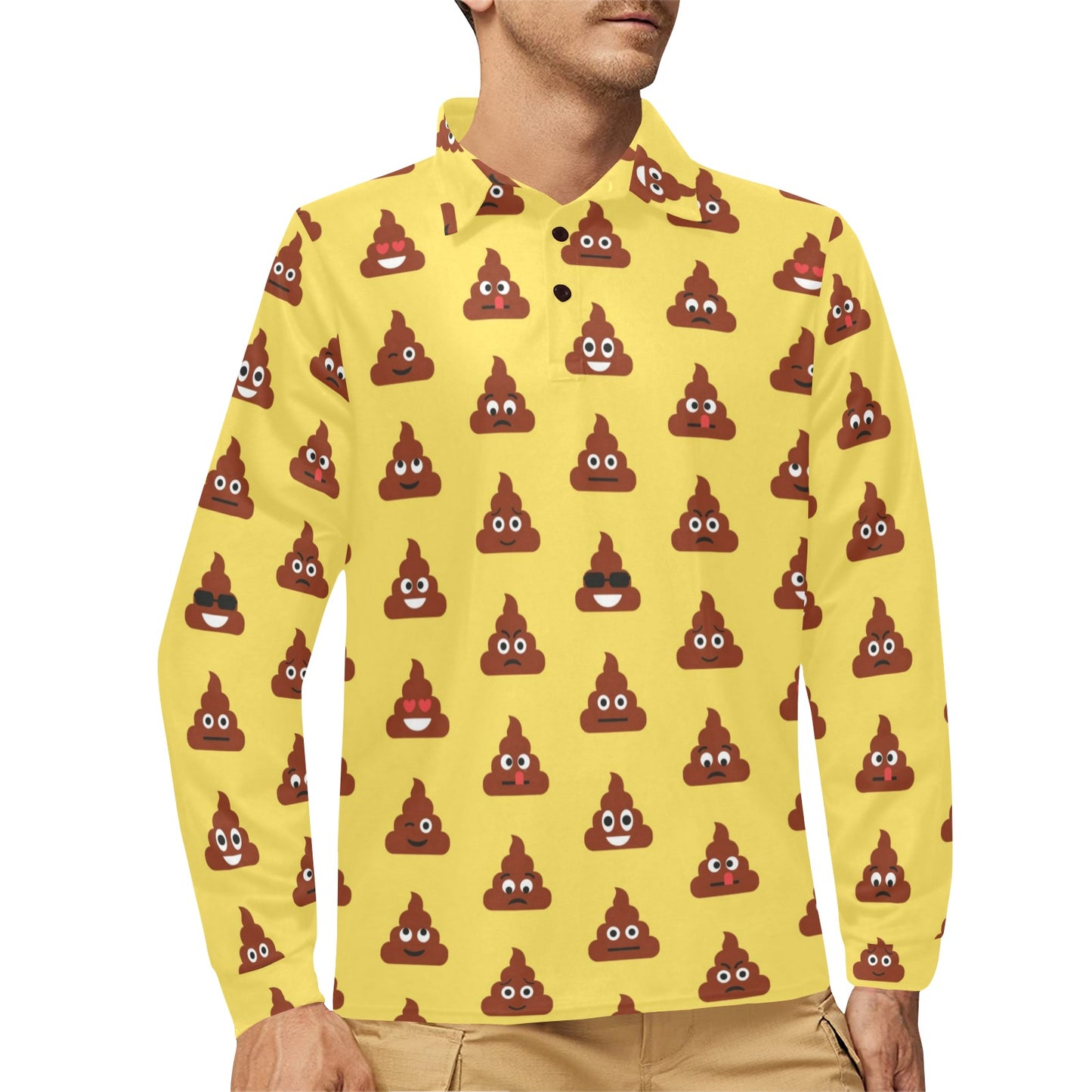 Emoji Poop Print Pattern Long Sleeve Polo Shirt For Men's