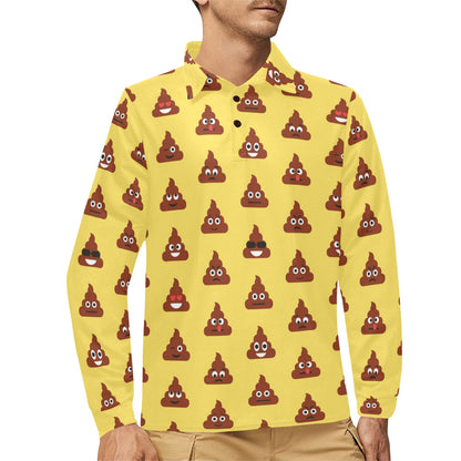 Emoji Poop Print Pattern Long Sleeve Polo Shirt For Men's
