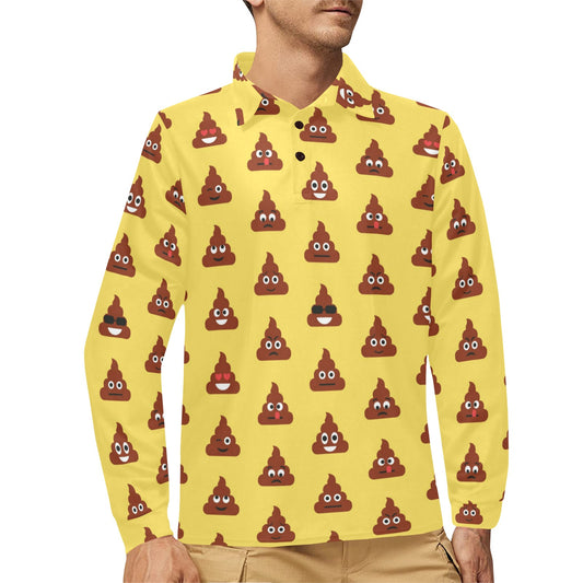 Emoji Poop Print Pattern Long Sleeve Polo Shirt For Men's