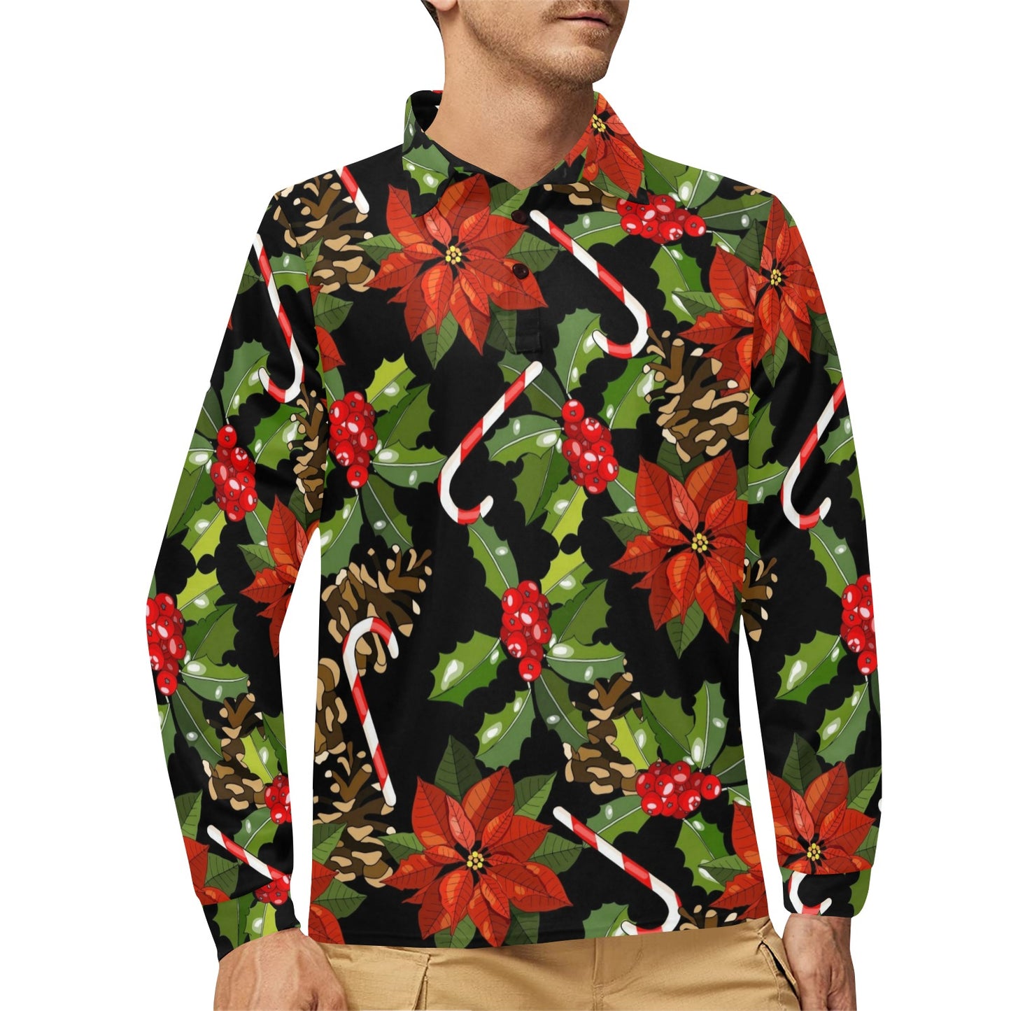 Poinsettia Pattern Print Design POT01 Long Sleeve Polo Shirt For Men's