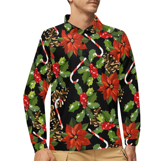 Poinsettia Pattern Print Design POT01 Long Sleeve Polo Shirt For Men's