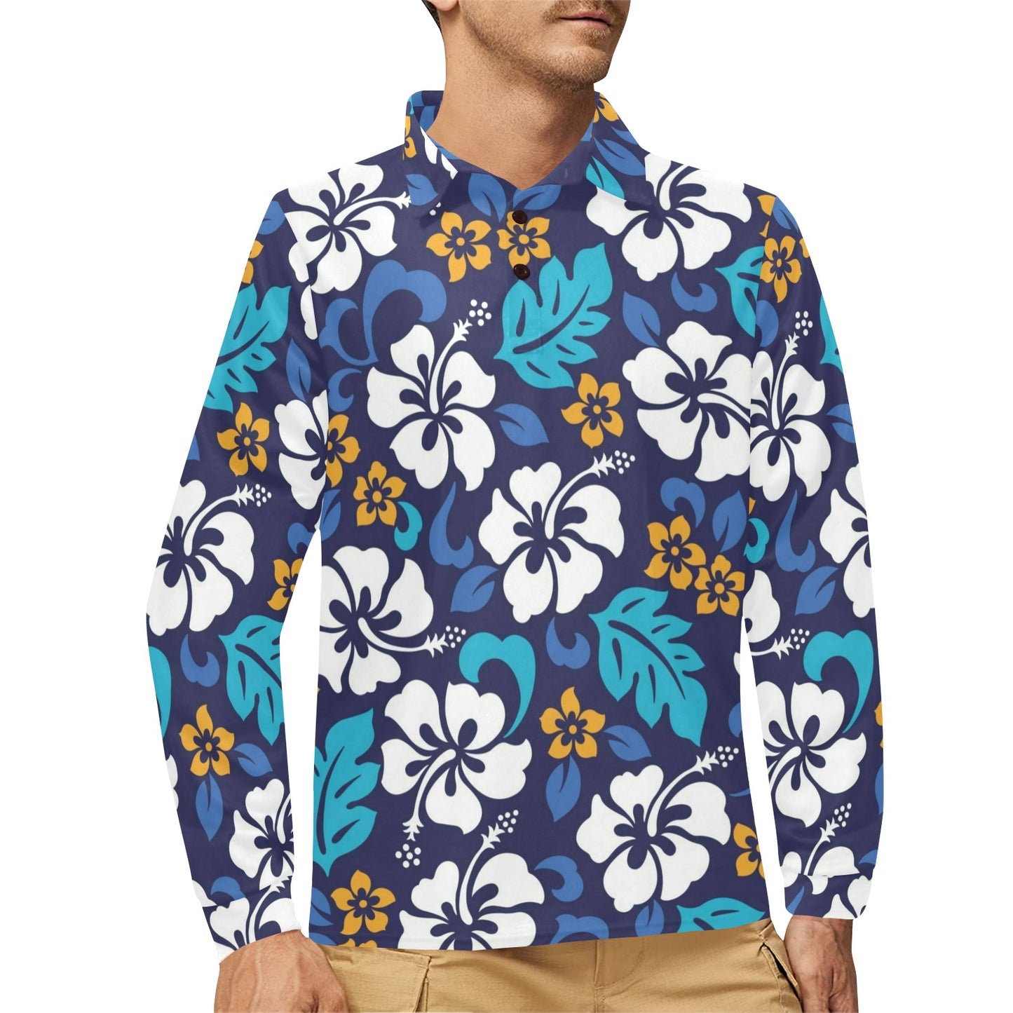 Hibiscus Pattern Print Design HB030 Long Sleeve Polo Shirt For Men's