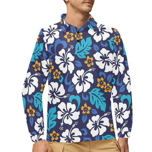 Hibiscus Pattern Print Design HB030 Long Sleeve Polo Shirt For Men's