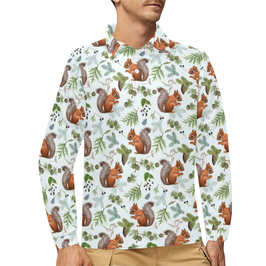Squirrel Print Design LKS308 Long Sleeve Polo Shirt For Men's