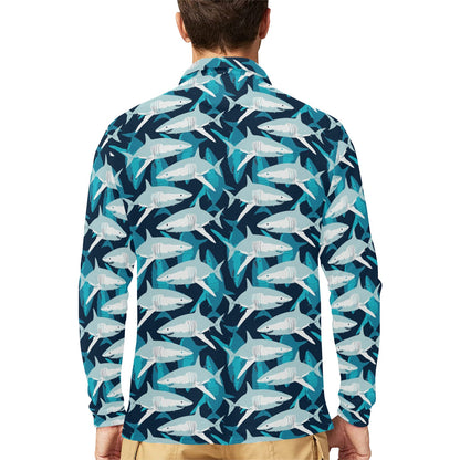 Shark Design Print Long Sleeve Polo Shirt For Men's