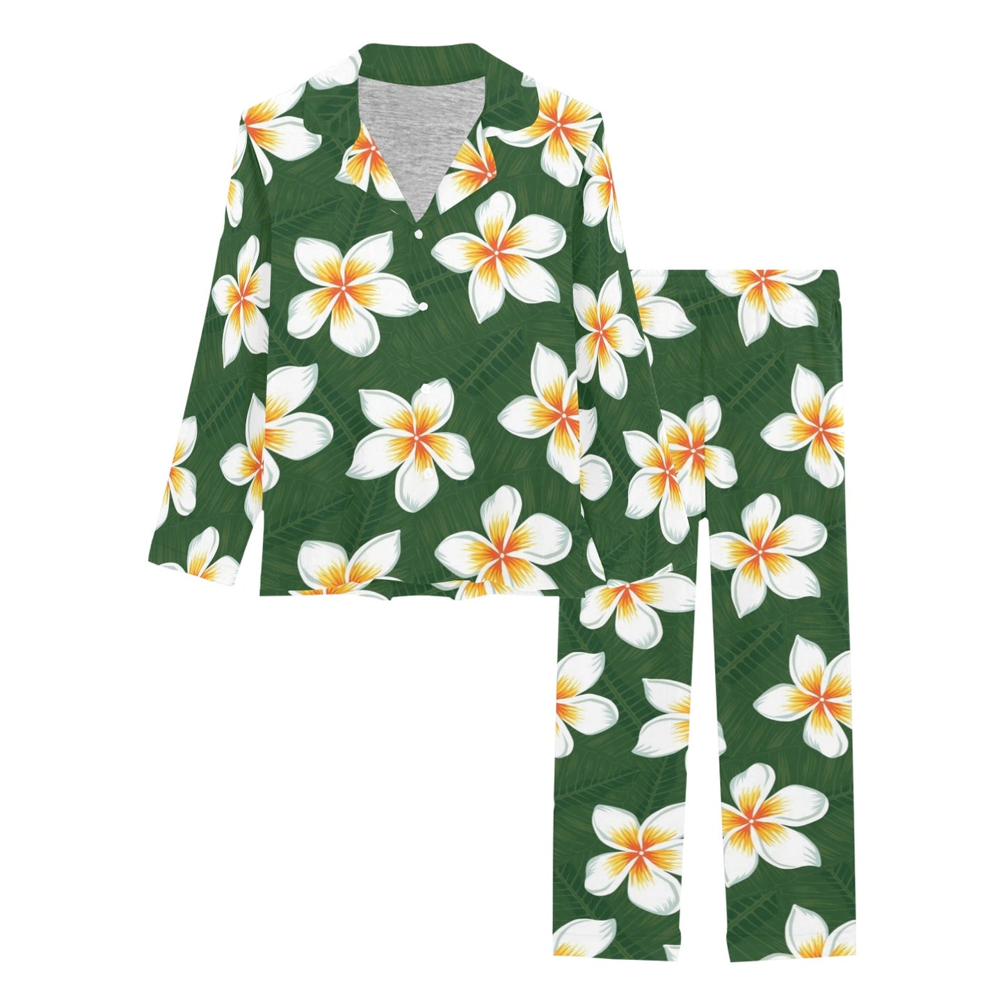 White Plumeria Pattern Print Design PM020 Women's Long Pajama Set