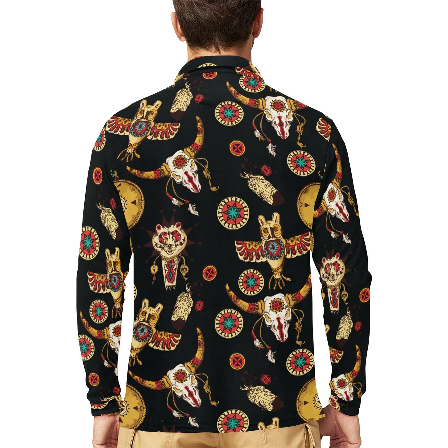 Native American Symbol Pattern Long Sleeve Polo Shirt For Men's