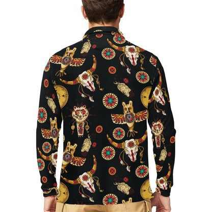 Native American Symbol Pattern Long Sleeve Polo Shirt For Men's