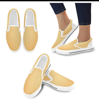 Waffle Texture Print Design LKS302 White Slip Ons Canvas Women's Shoes