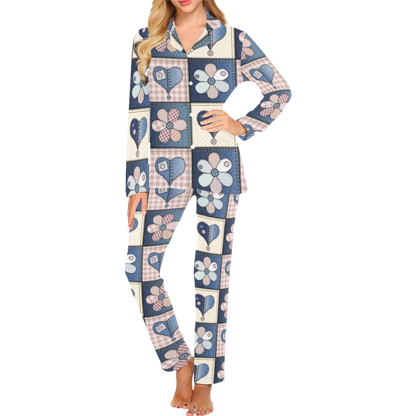 Patchwork Heart Flower Pattern Print Design 01 Women's Long Pajama Set