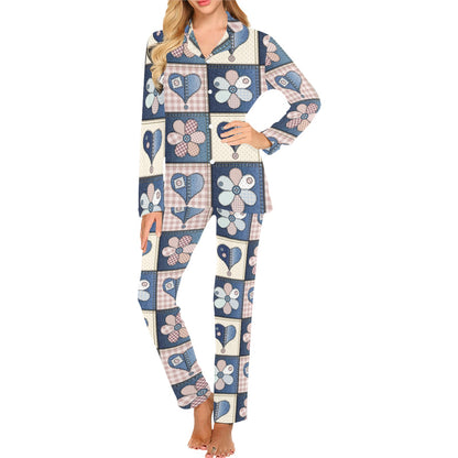 Patchwork Heart Flower Pattern Print Design 01 Women's Long Pajama Set