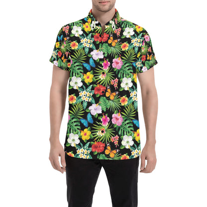 Hibiscus With Butterfly Print Design LKS305 Men Short Sleeve Button Up Shirt