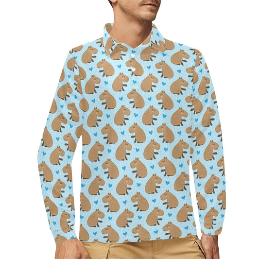 Capybara Pattern Print Design 01 Long Sleeve Polo Shirt For Men's
