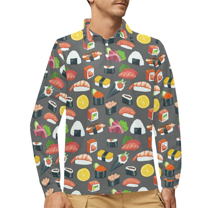 Sushi Print Design LKS302 Long Sleeve Polo Shirt For Men's