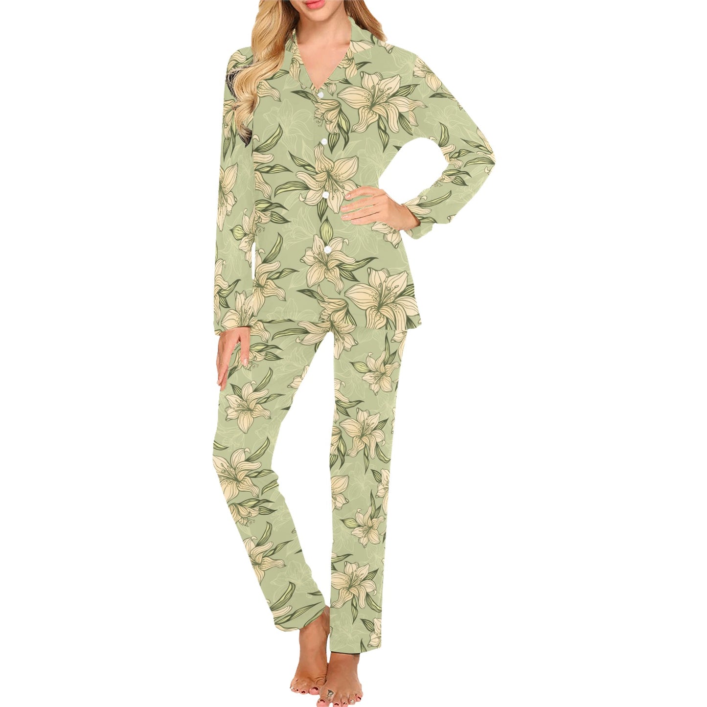 Lily Pattern Print Design LY06 Women's Long Pajama Set
