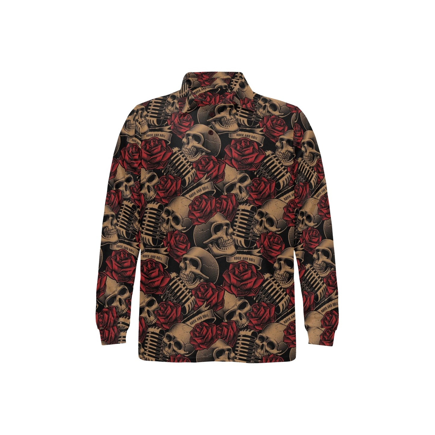 Microphone Skull Rose Pattern Print Design 02 Long Sleeve Polo Shirt For Men's