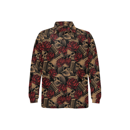Microphone Skull Rose Pattern Print Design 02 Long Sleeve Polo Shirt For Men's