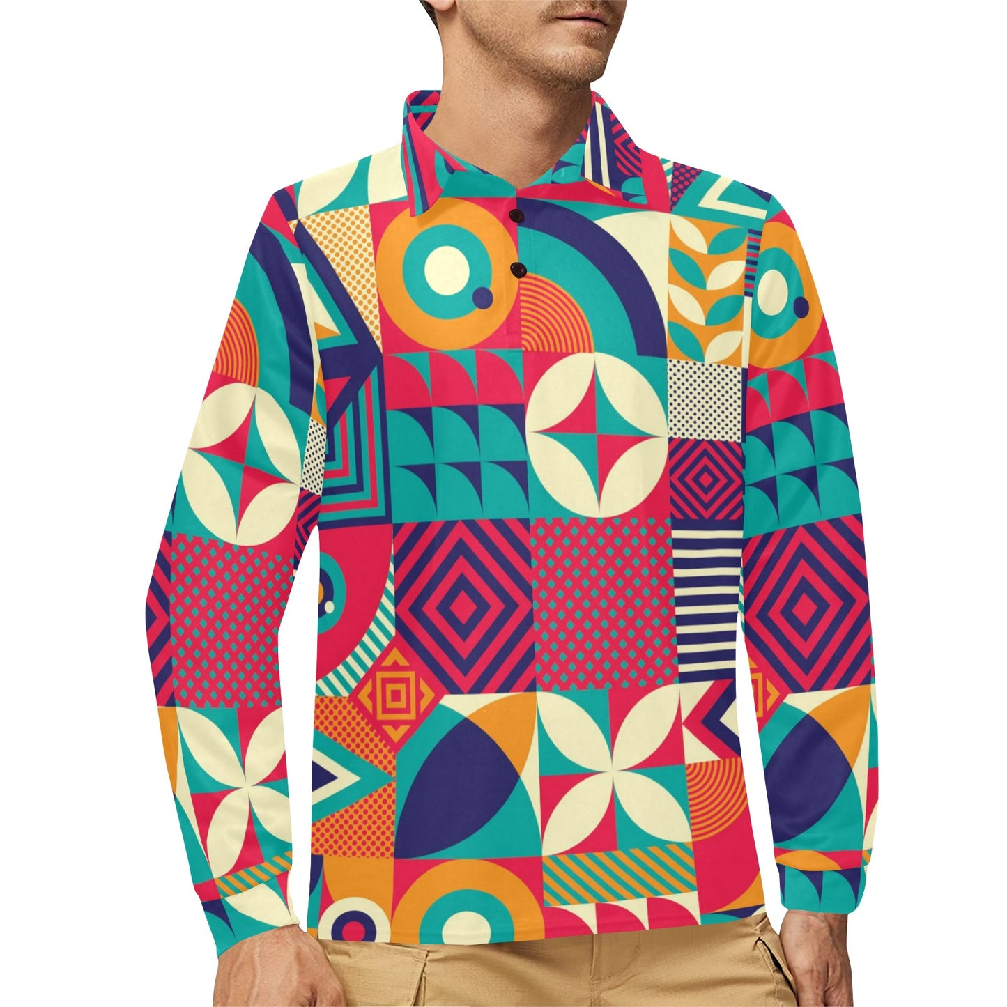 Mosaic Pattern Print Design 03 Long Sleeve Polo Shirt For Men's