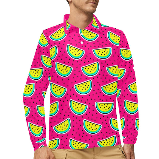 Watermelon Pattern Print Design WM04 Long Sleeve Polo Shirt For Men's