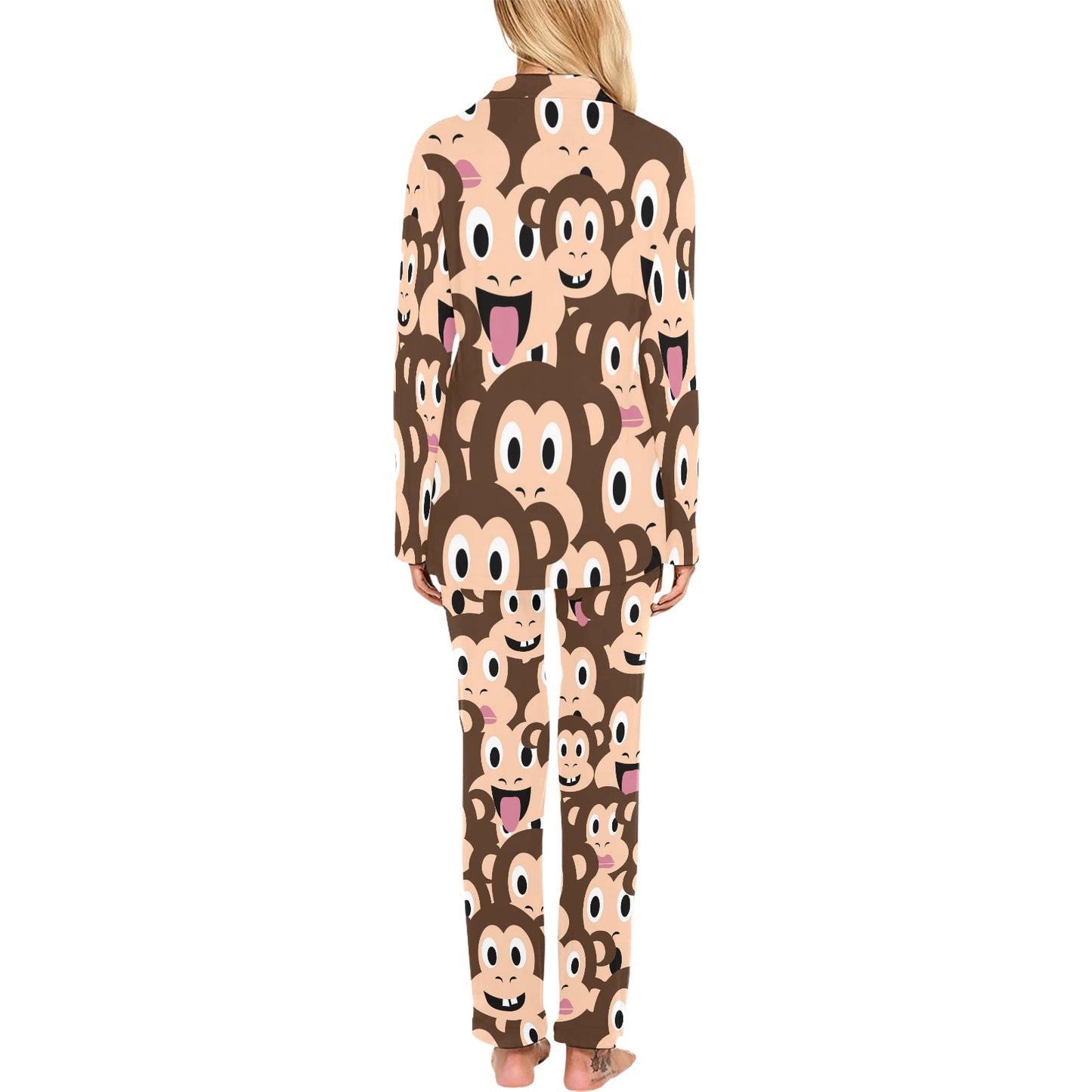Emoji Monkey Print Pattern Women's Long Pajama Set