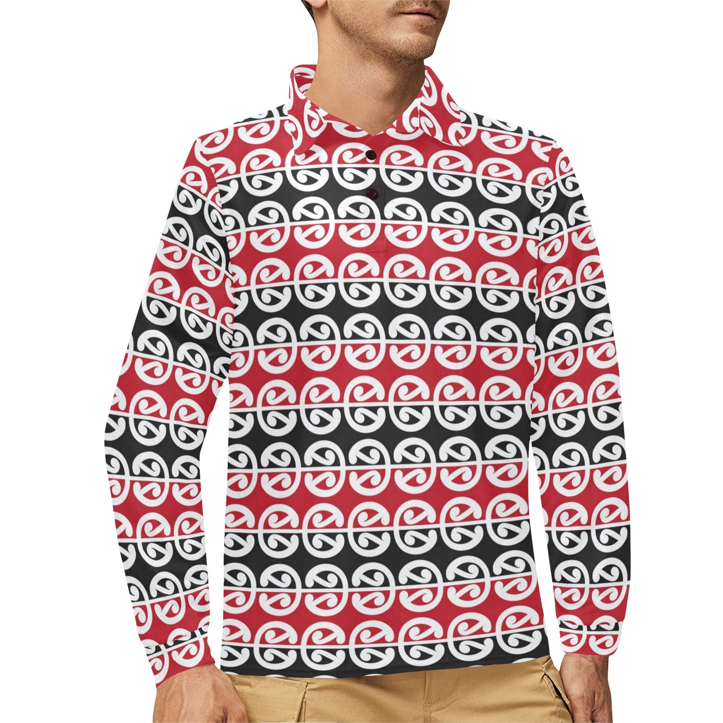 Maori Classic Themed Design Print Long Sleeve Polo Shirt For Men's