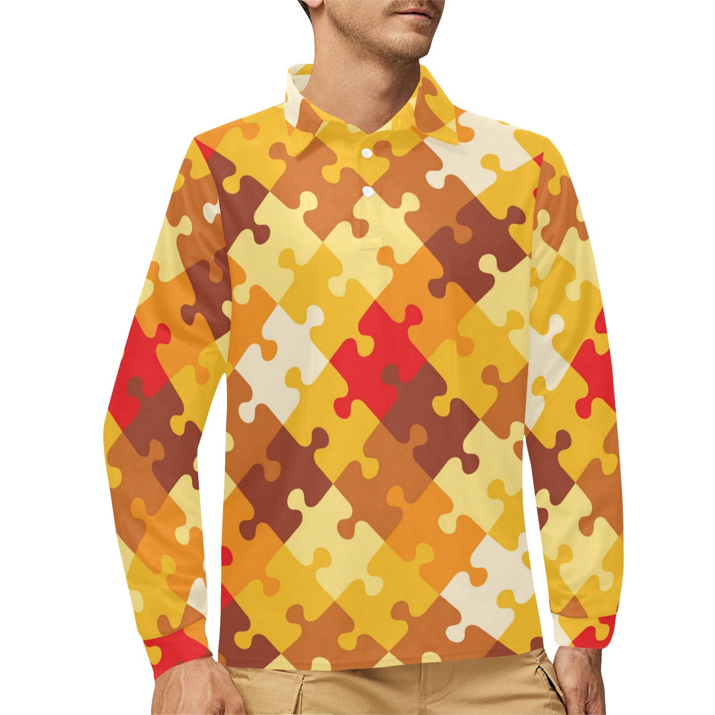 Puzzle Pattern Print Design A01 Long Sleeve Polo Shirt For Men's