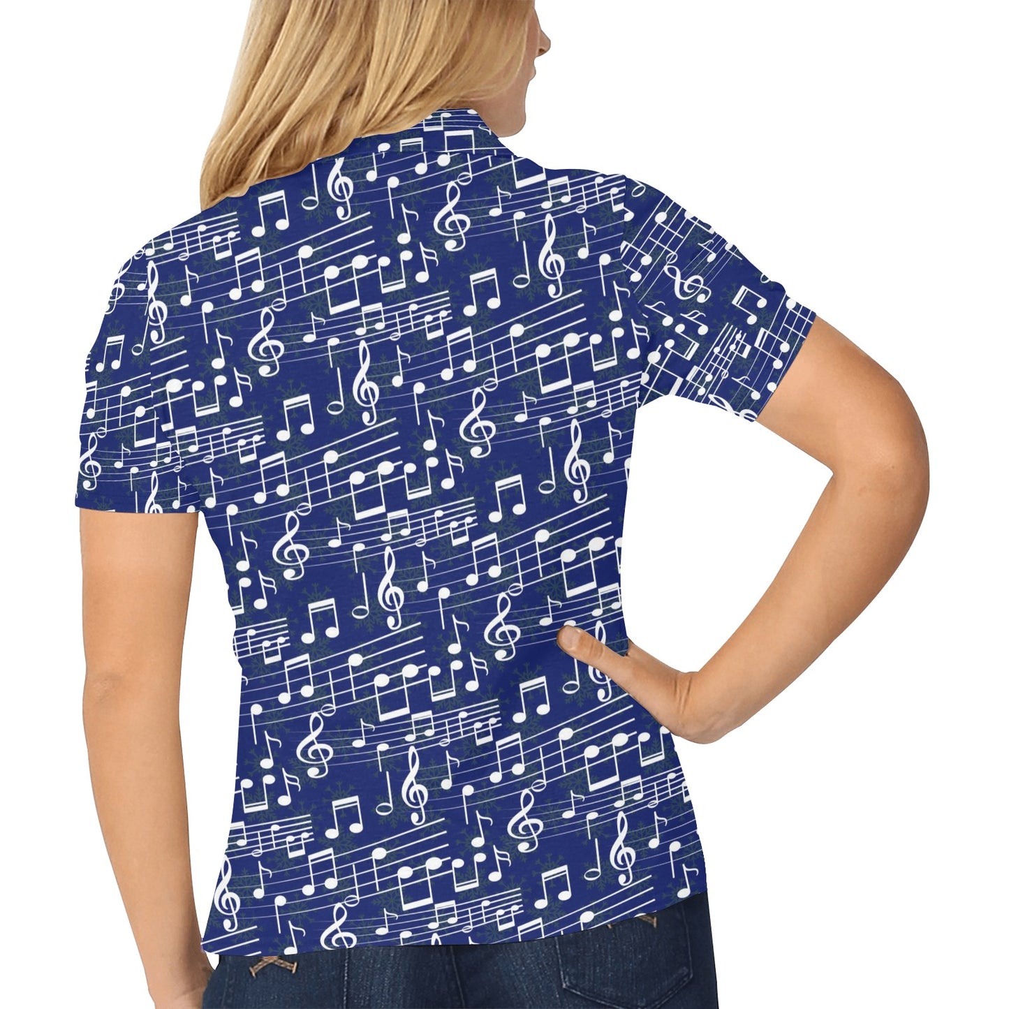 Music Note Blue Themed Print Women's Polo Shirt