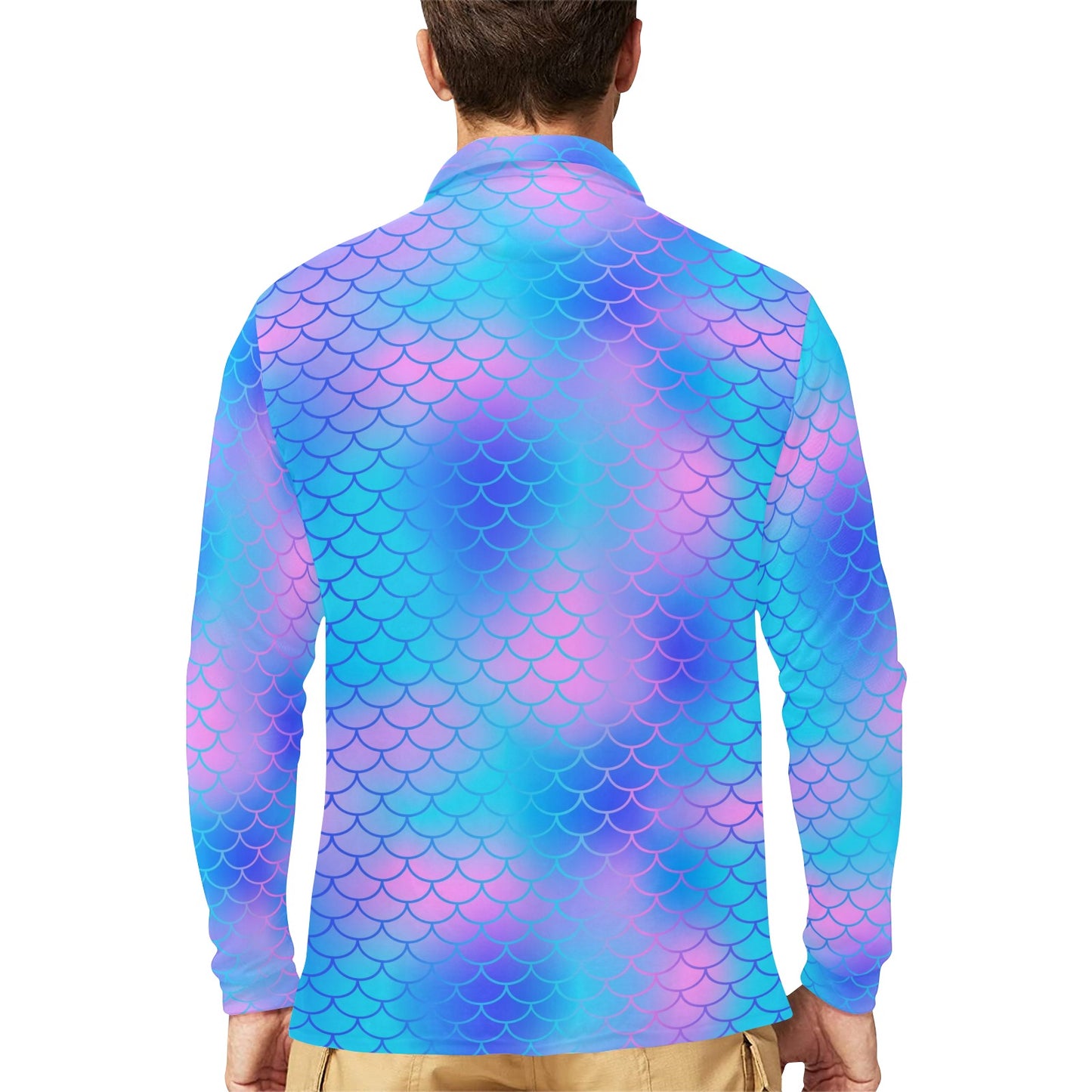 Mermaid Scales Pattern Print Design 04 Long Sleeve Polo Shirt For Men's