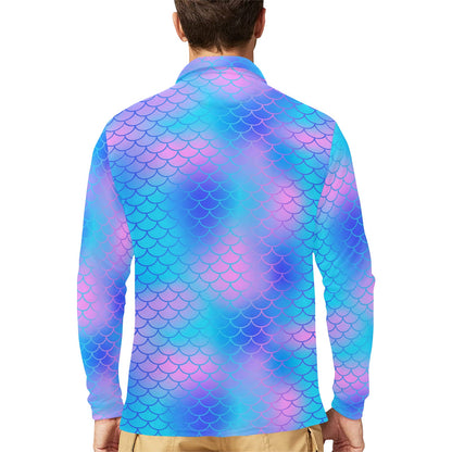 Mermaid Scales Pattern Print Design 04 Long Sleeve Polo Shirt For Men's