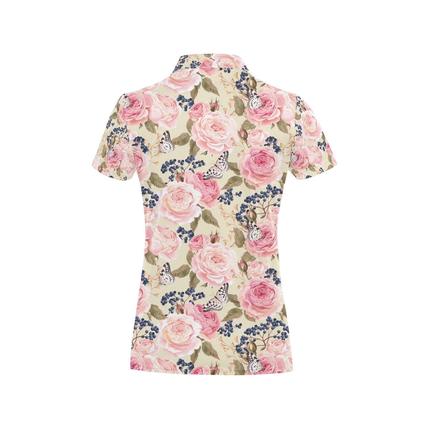 Floral Pink Butterfly Print Women's Polo Shirt