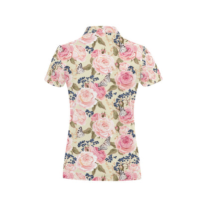 Floral Pink Butterfly Print Women's Polo Shirt