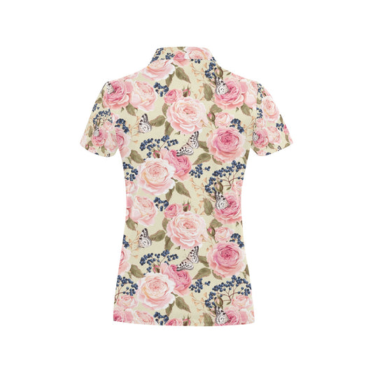 Floral Pink Butterfly Print Women's Polo Shirt