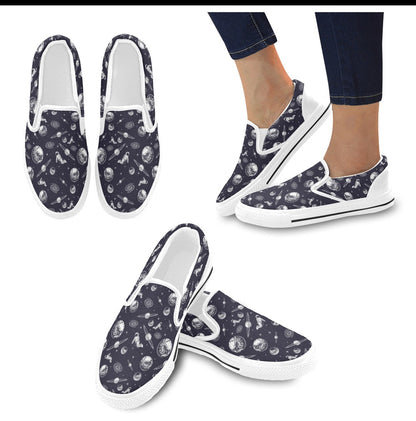 Space Astronaut Print Design LKS302 White Slip Ons Canvas Women's Shoes