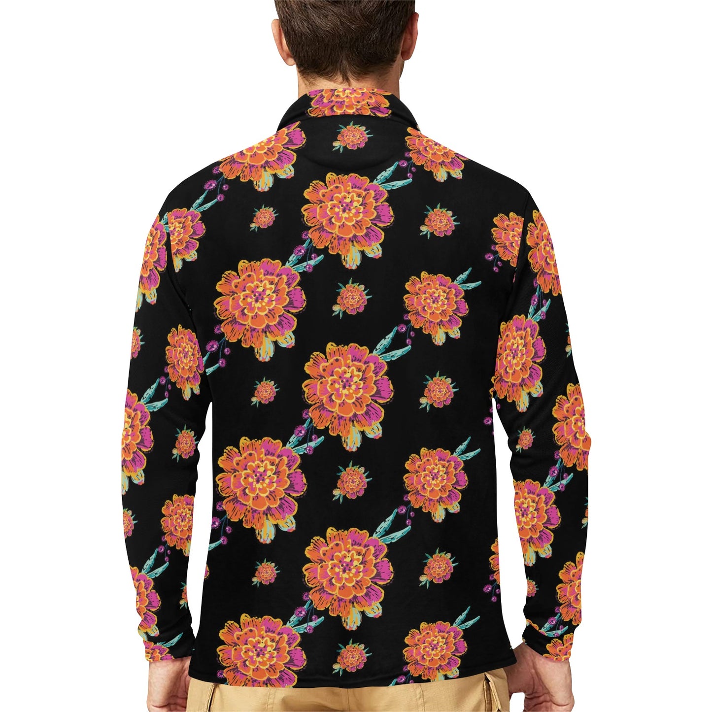 Marigold Pattern Print Design 01 Long Sleeve Polo Shirt For Men's
