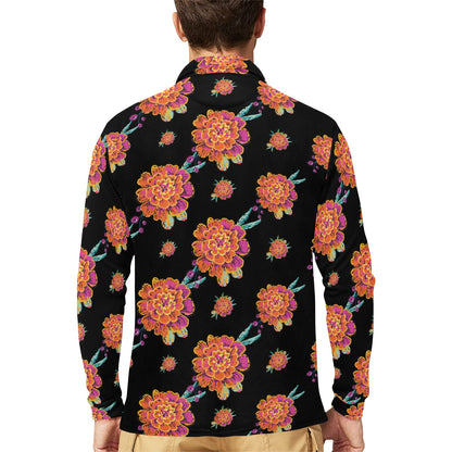 Marigold Pattern Print Design 01 Long Sleeve Polo Shirt For Men's