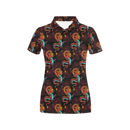 Chinese Dragons and Peonies Design Women's Polo Shirt