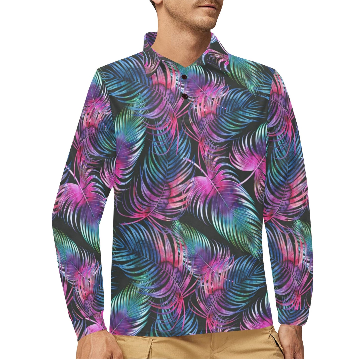 Palm Leaves Pattern Print Design PL010 Long Sleeve Polo Shirt For Men's